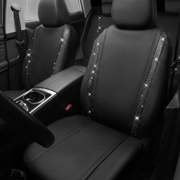 CAR PASS Black Diamond Leather Bling/Rhinestone  Car Seat Cover Full Set | NEW - Picture 3 of 11
